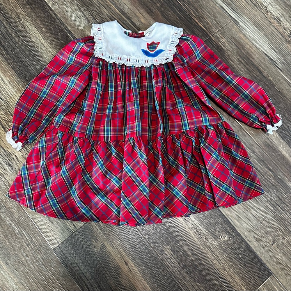 Peaches N Cream vintage toddler girl red plaid Dress size 4 bib collar